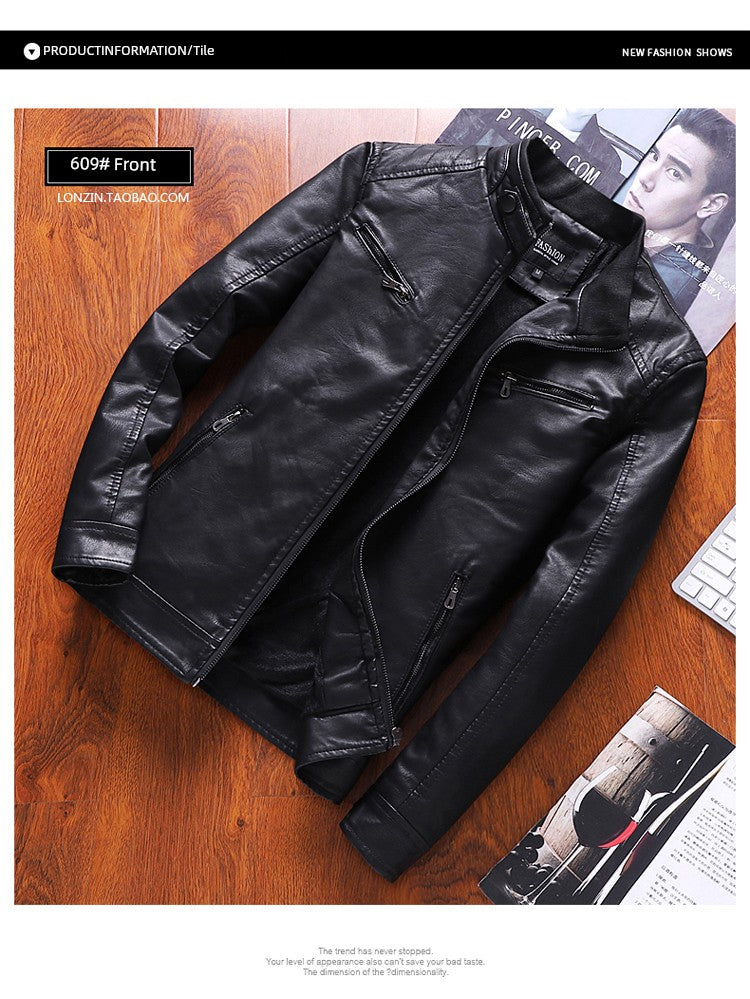 K-style Silm Autumn and Winter Fleece-lined Stand Collar Youth Leather Coat