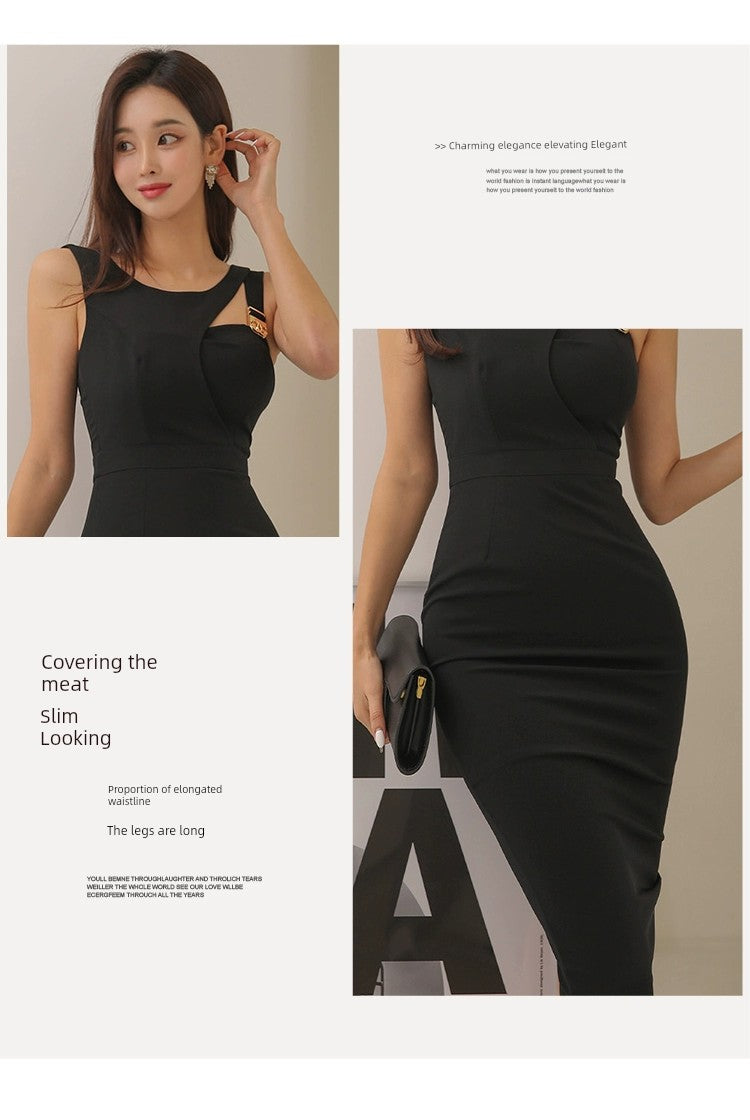 Asymmetric Sleeveless Backless Waist Trimming Slim Fit Dress