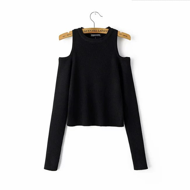 Special-Interest Design Black Slim-Fit High-Waist Off-Shoulder Knitted Sweater for Women