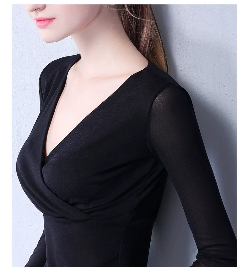 Danyu Long-Sleeved Thin Waist Cross-Collar Mesh Top