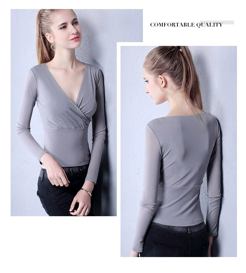 Danyu Long-Sleeved Thin Waist Cross-Collar Mesh Top