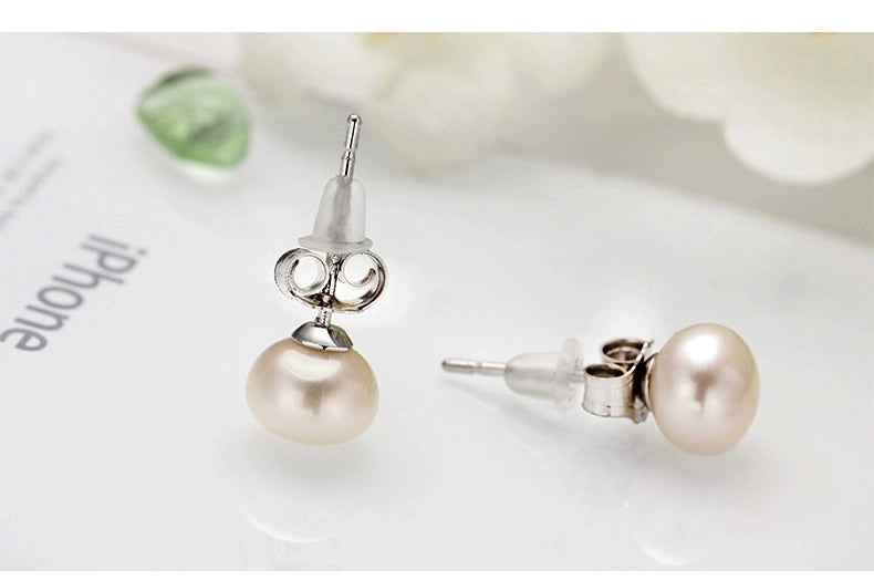 Stud Earrings Minimalist Women's Small 925 Sterling Silver Freshwater Pearl