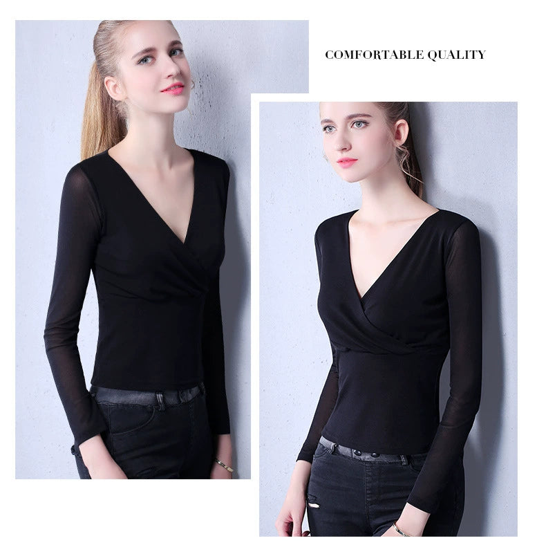 Danyu Long-Sleeved Thin Waist Cross-Collar Mesh Top