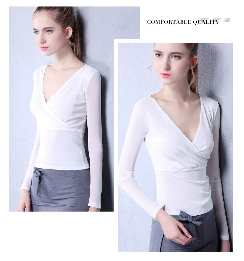 Danyu Long-Sleeved Thin Waist Cross-Collar Mesh Top