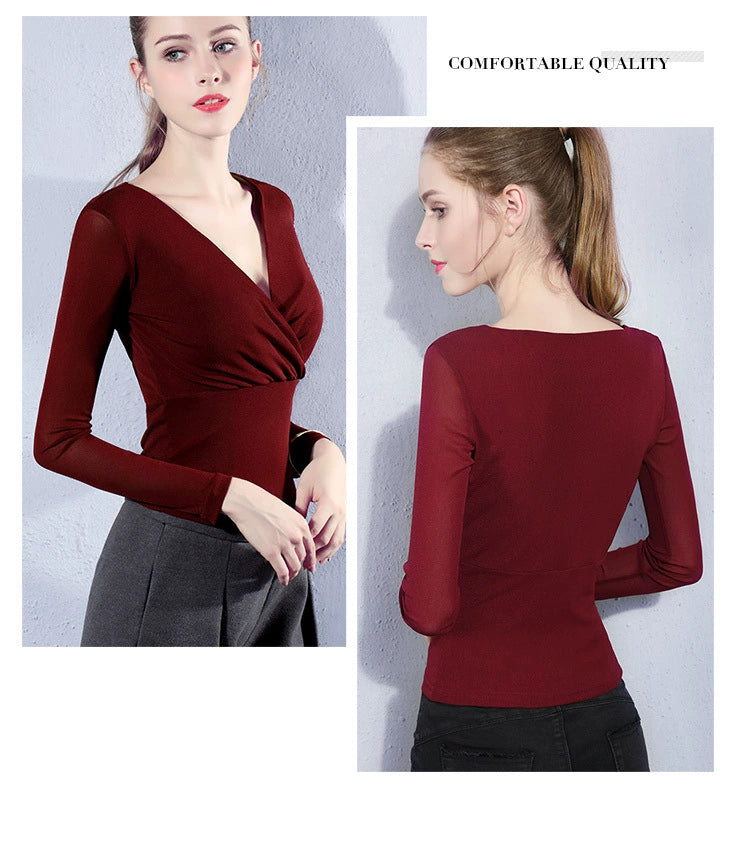 Danyu Long-Sleeved Thin Waist Cross-Collar Mesh Top